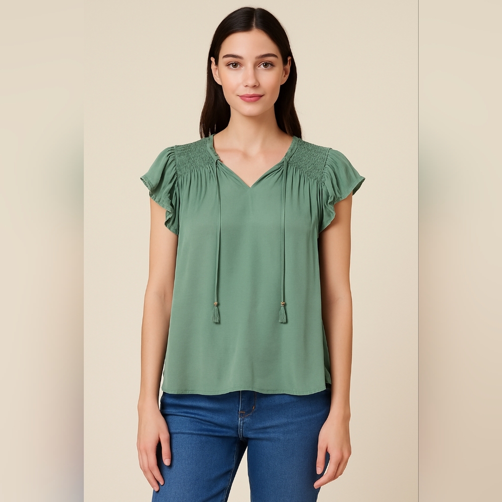 Philosophy Green Smocked Shoulder Flutter Sleeve Blouse Size S Office